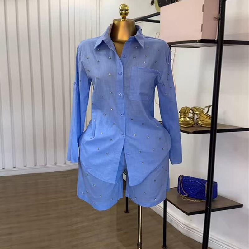 

Fashion Style Fashion Polo Collar Beaded Silm Long Sleeves Shirt Shorts Two-Piece Suit Shirt and Shorts Set Blue XXL
