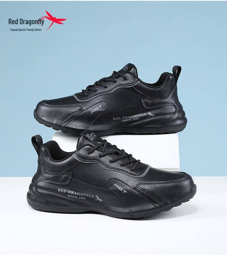 Red Dragonfly Men's Waterproof Leather Sneakers with Mesh Upper, Thick Rubber Sole, and Height Boost for Spring/Autumn Travel
