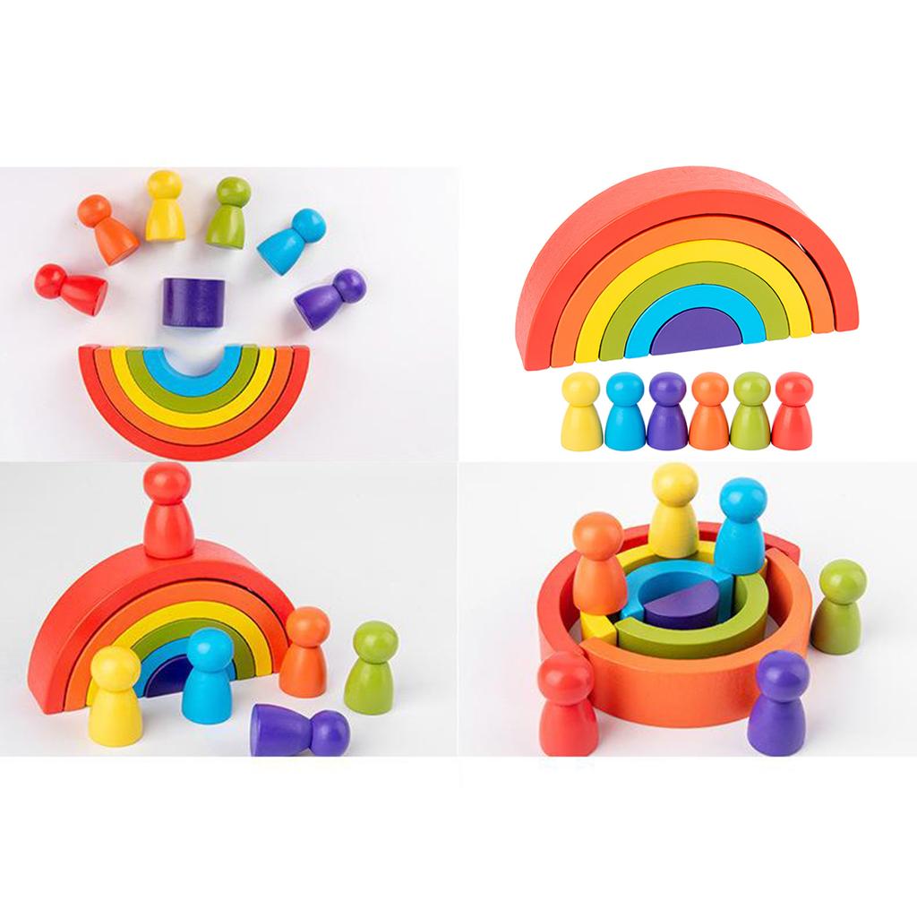 12Pcs Wooden Rainbow Stacking Blocks Fun Building Nesting Toys For Kids Boys