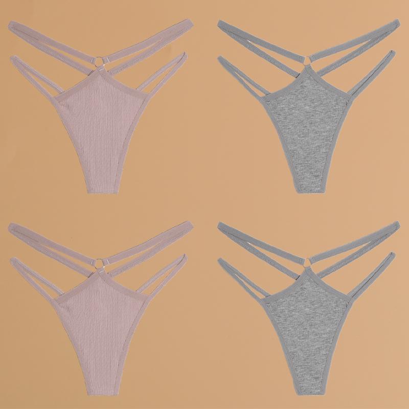 FINETOO 4-teilige Unterwäsche aus Baumwolle mit doppeltem, dünnem Gürtel für Frauen, sexy, niedrige Taille, gestreifte Tangas, einfarbige Damenhöschen, atmungsaktive Dessous