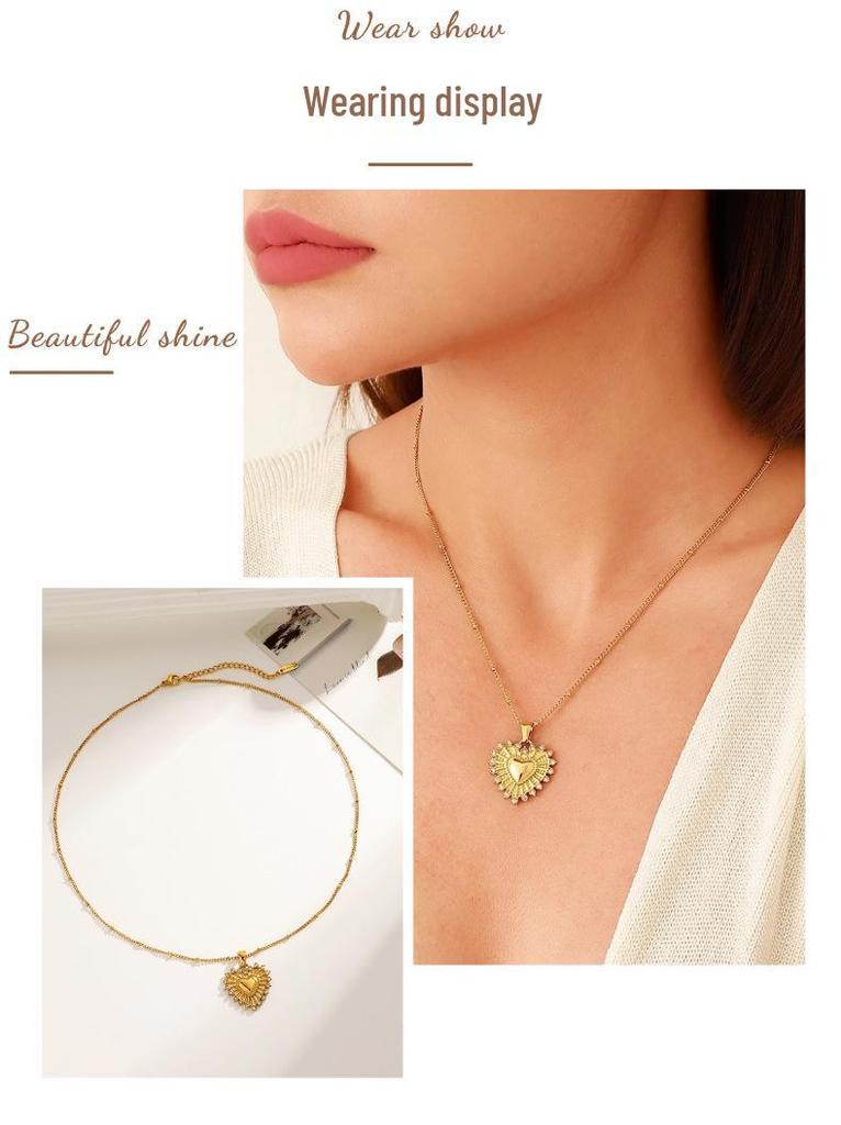 Ying Tai Women's Heart Pendant Necklace, Stainless Titanium Steel, Zircon Crystal, High Polish 18K Gold, Waterproof and Fashionable.