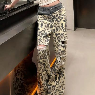 Hotsweet Patchwork-Hose mit Leopardenmuster für Damen, modische zerrissene Jeans mit hoher Taille, Wide Leg, für Frühling und Herbst, Amerikanischer Stil