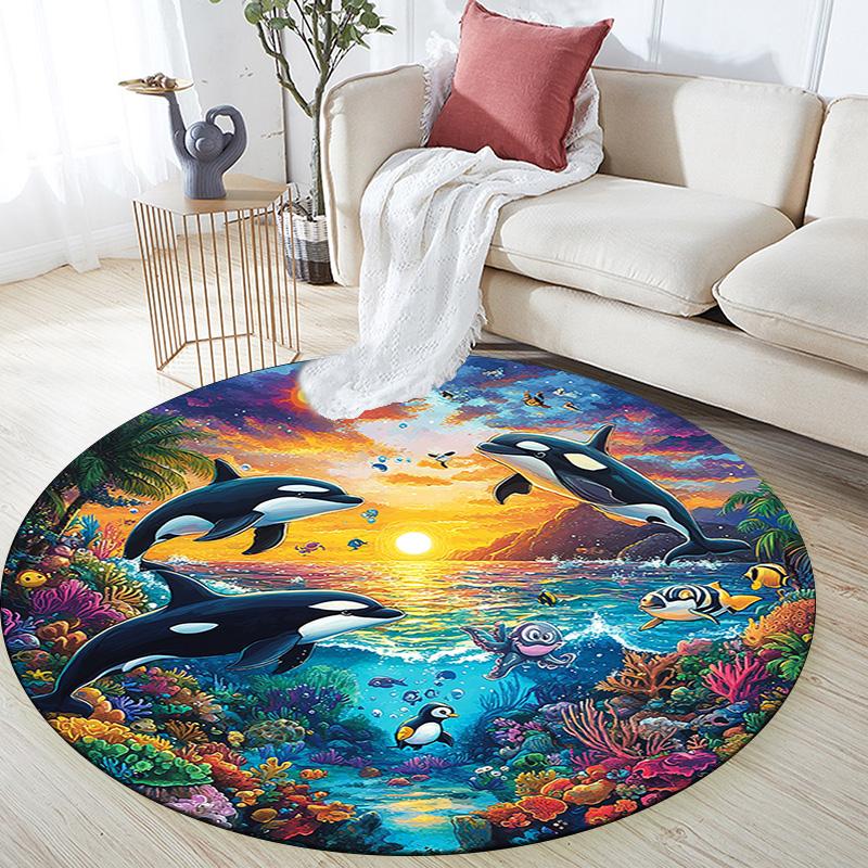 Orca Whales Round Area Rug,Carpet Rug for Living Room Bedroom Sofa Playroom Decor,Non-slip Floor Mat