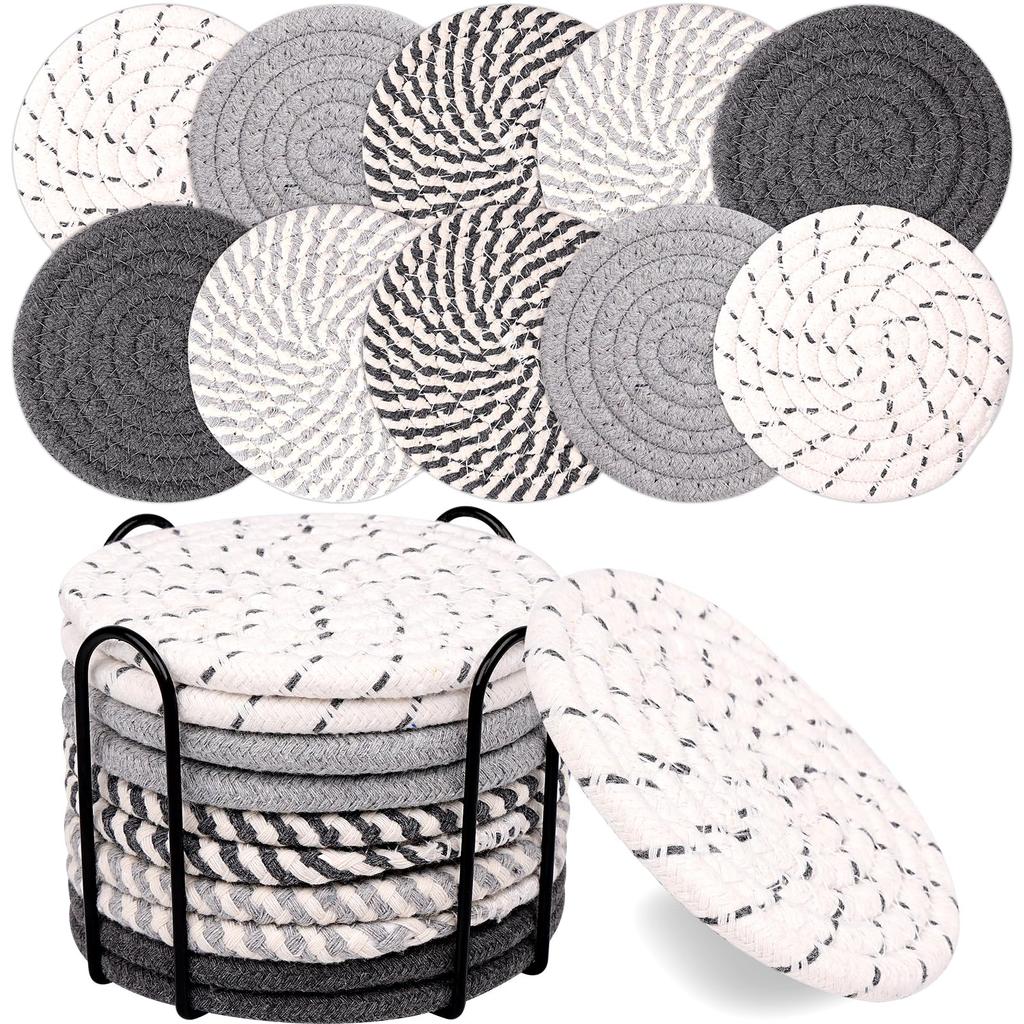 Drink Coasters with Holder, Absorbent Coasters for Coffee Table, Minimalist Cotton Woven Coaster Set for Home Decor Tabletop Protection .