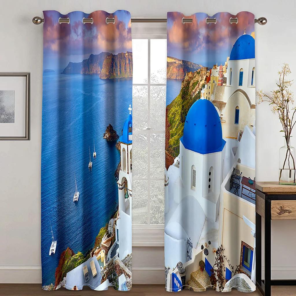 Vacation Style High Shading Curtain Aegean Sea Santorini Island Beach Blackout Curtains for Bedroom Living Room Hotel Window