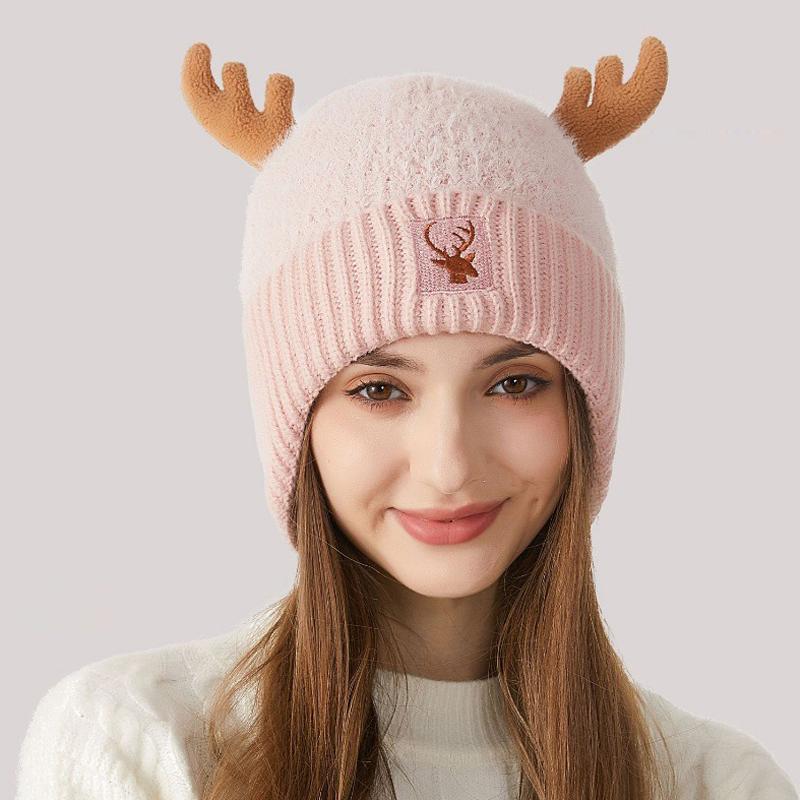 Knitted Hat Women's Stitching Antler Ear Protection Thick Warm Hat Women's Winter Wool Hat