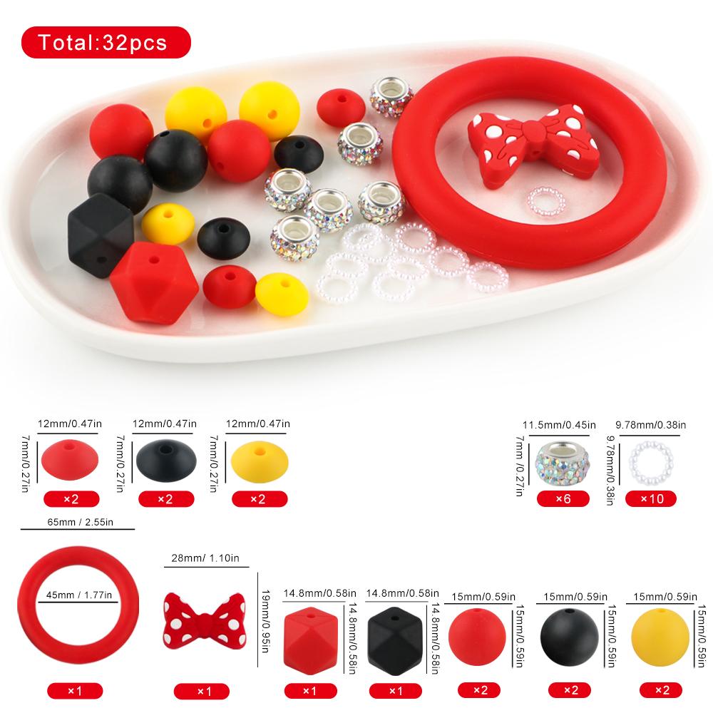 32Pcs/set Mixed Style Silicone Bead Kit Round Silicone Ring Focal Bead DIY KeyChain Bracelet Necklace Jewelry Accessories