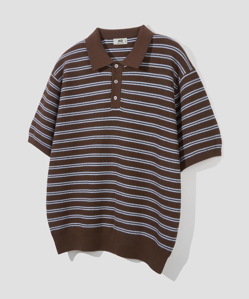 Age O.D. Collar Button Stripe Half Knit [Brown]