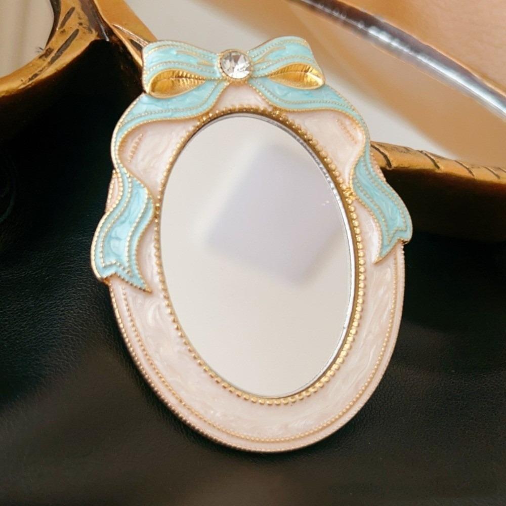 Mini Enamel Makeup Mirror Metal Frame Crystal Bow Mirror Lolita Embossment Mirror  Student Use