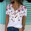 Summer V-neck 3D Flower Pattern Printed Top Fashionable Casual Short Sleeved Women's T-shirts