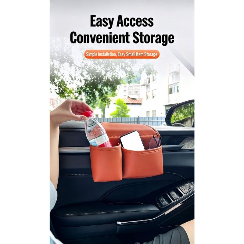 Car Interior Door Bag with Separate Compartments and PU Leather Finish for Phones, Cards, and Cables on Daily Drives