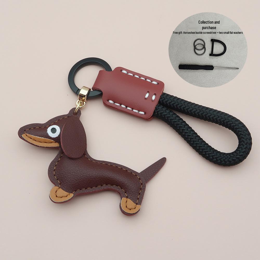 Mini Dachshund Cowhide Keychain: High-Quality Anti-Lost Lanyard with Cute Doll Pendant