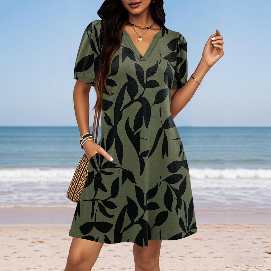 Women's Summer V-Neck Casual Beach Dresses Pod Short Sleeve Vintage Floral Print Dresses
