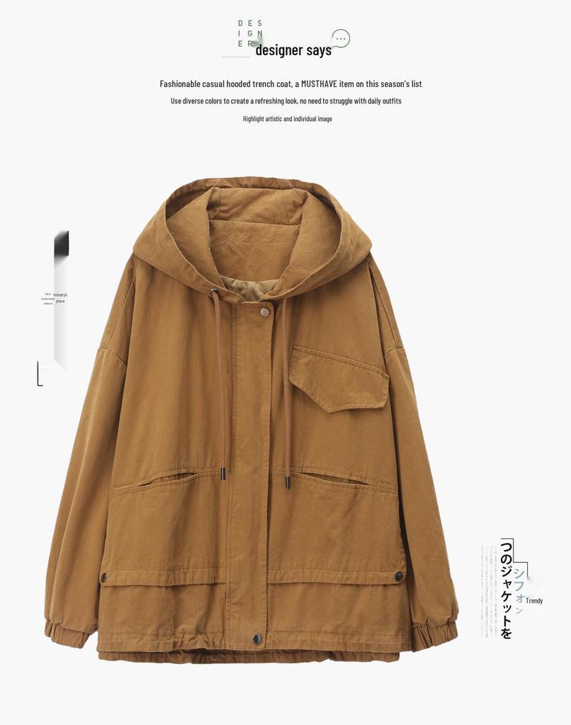 2024 Plus Size Hooded Trench Coat for Women - Loose Fit Spring & Autumn Workwear Jacket