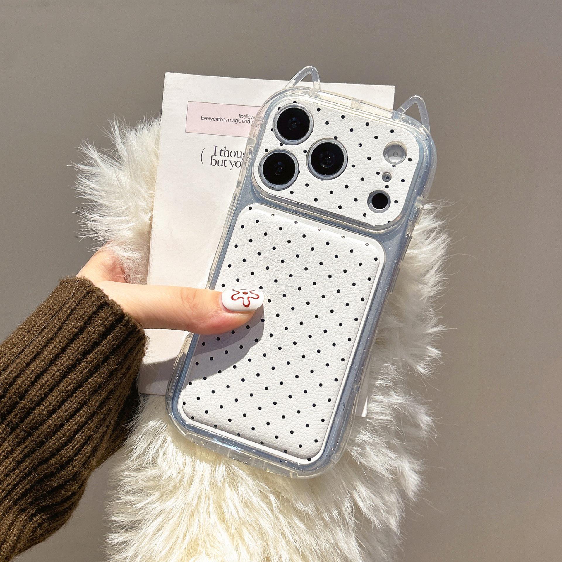 

Cat Ear Polka Dot Leather Phone Case with Lanyard for iPhone 13/14/15 Pro/16 Pro Max/17 Pro Max, Anti-fall Protection. iPhone 14