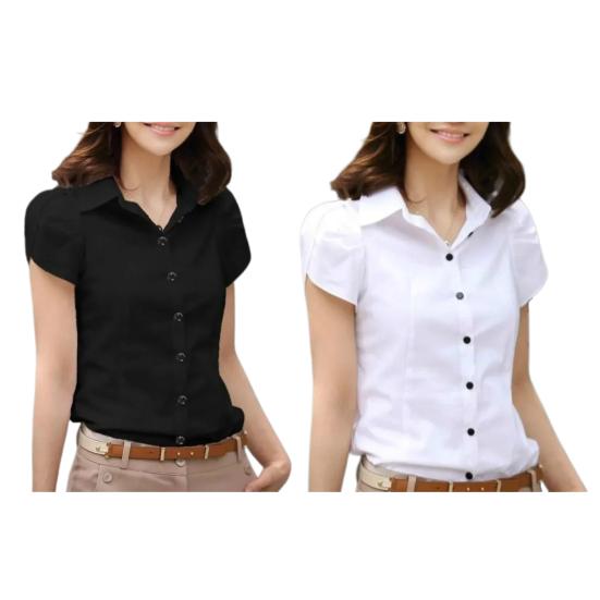 Women Summer Shirt Lapel Petal Short Sleeve Slim Fit Shirt Pocket Solid Color Single Breasted Shirt Tops Office Tops