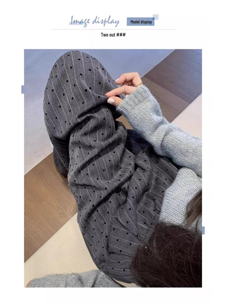 Gray Heart High Waist Wide Leg Sport Pants for Women, Spring/Autumn Casual Drapey Petite Straight Mop Style.