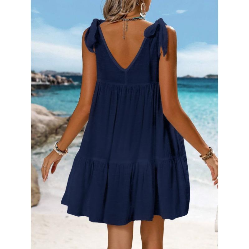 IHUASU Women's Fashion Summer Spring Solid Color Print Sleeveless U-Neck Casual Dresses