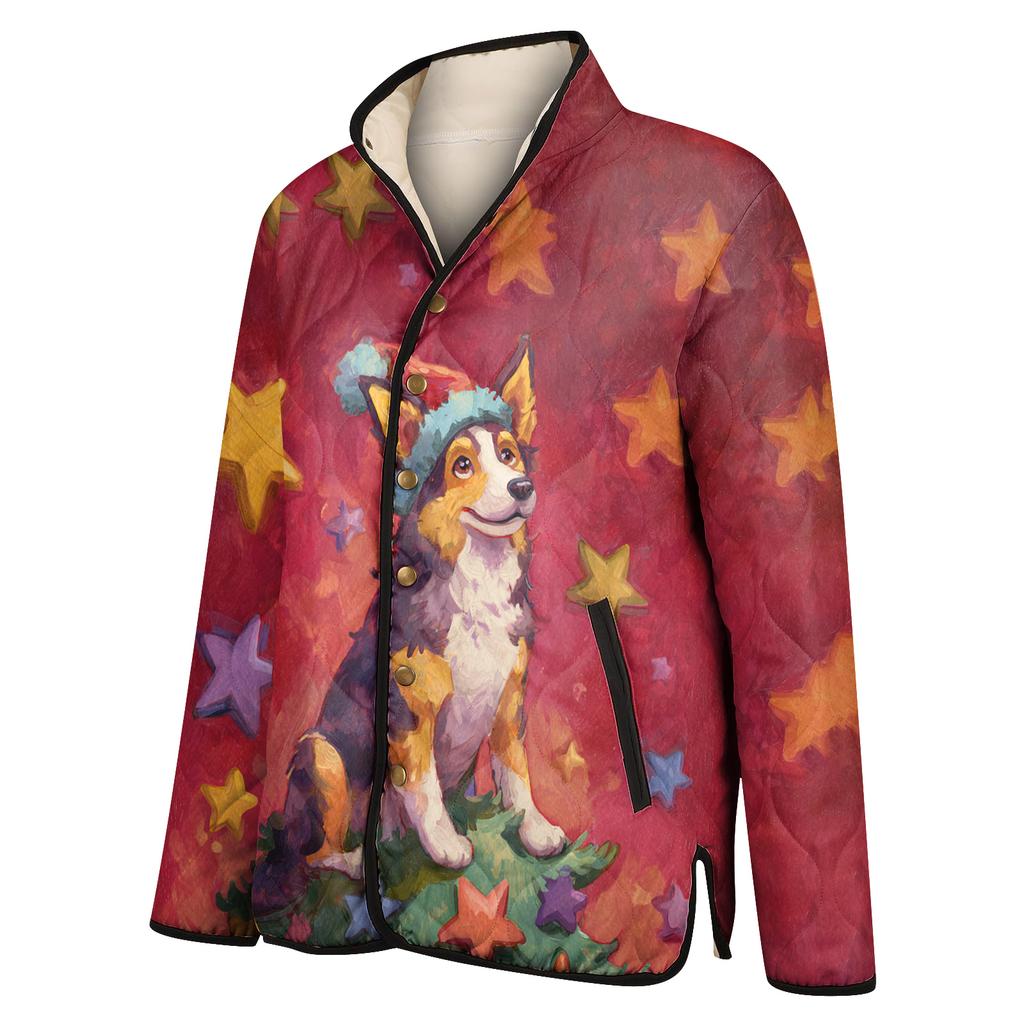 Dámský vánoční potisk s vysokým límcem polstrovaný bavlněný kabát s dlouhým rukávem a zapínáním na knoflíky