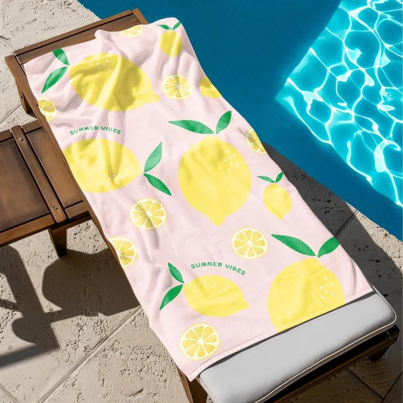 Summer Cherry Lemon Print Beach Towel Quick Dry Sand-Free Absorbent Lightweight Beach Blanket for Beach Vacation