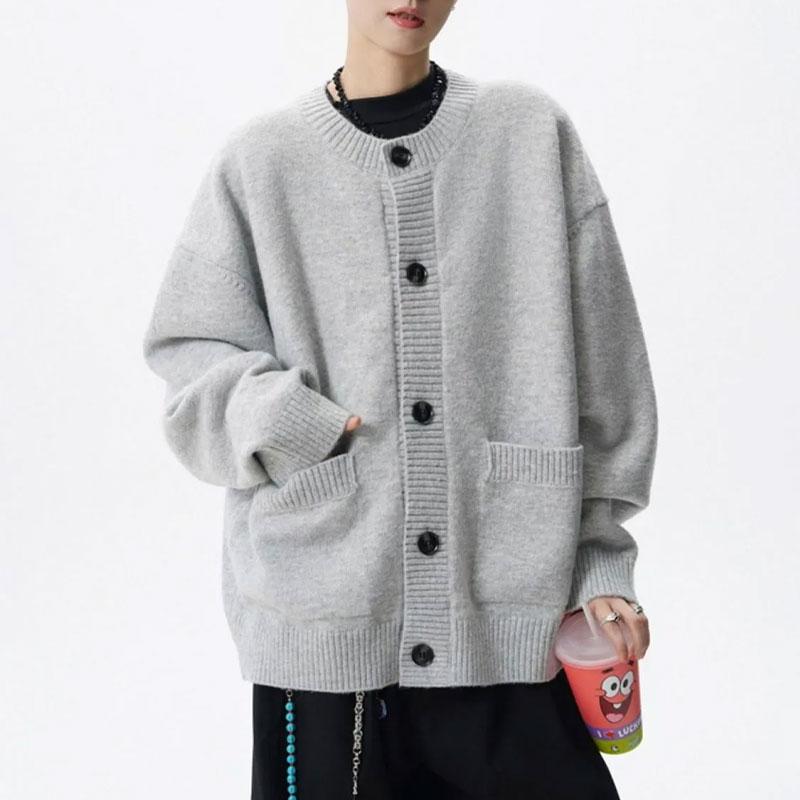 

Осень Зима Новые Винтажные Свитера Американские Однотонные Мужские Повседневные С Круглым Вырезом Свободные Однобортные Вязаные Кардиганы M светло-серый