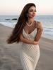 Sexy Knitted White Hollow Oblique Striped Sling Deep V-neck Dress 2025 Female Summer Slim Beach Vacation K137