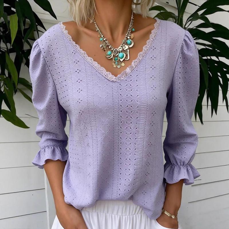 2026 Spring New Women's V-neck Hollow Casual Mid-sleeve Solid Color Top