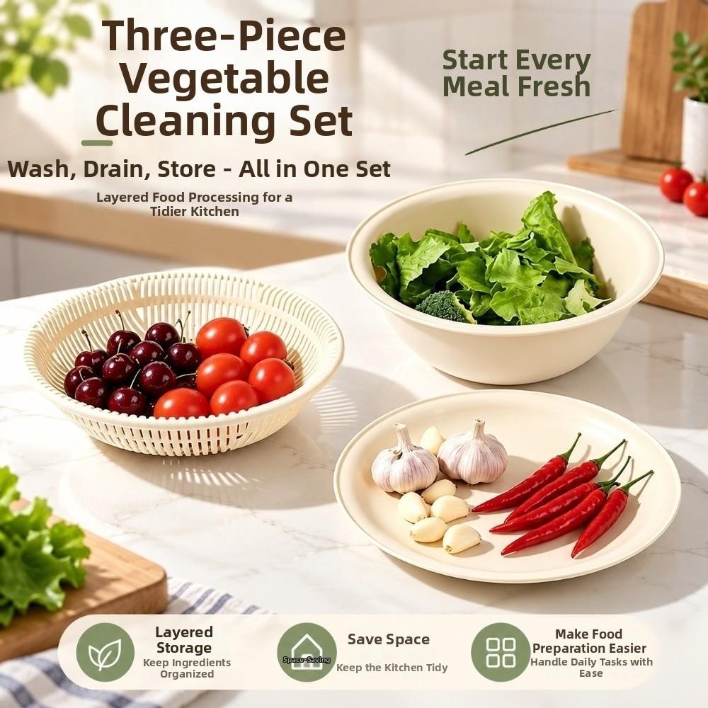 3Pcs/Set Large Capacity Fruit Drain Basket 3in1 Food Storage Container Pasta Strainer