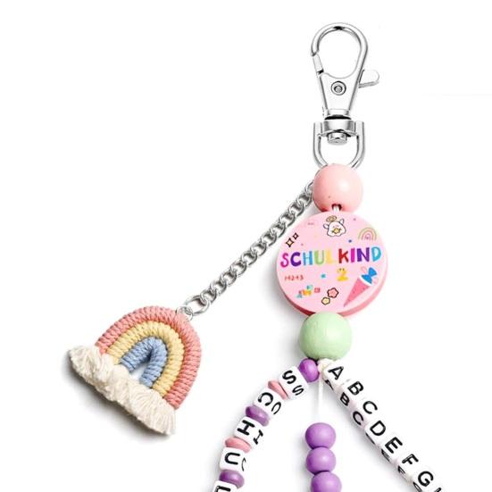 Rainbow Key Chain Keychain with 26 Letter Beads Colorful Beaded School Bag Charm Back to School Gift for Kids