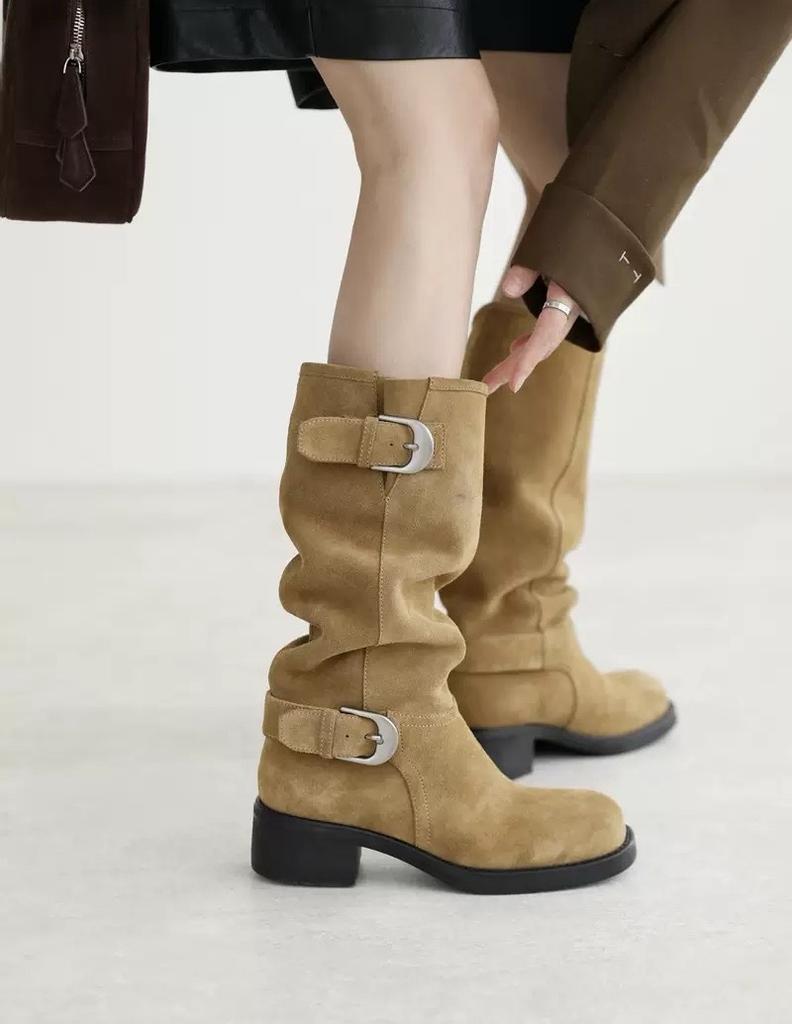 Rindslederversion~ Kontrastfarbene Gürtelschnalle Stiefel Damen Retro Wildleder Spleiß Ritterstiefel Maillard schlanke Stacking-Stiefel