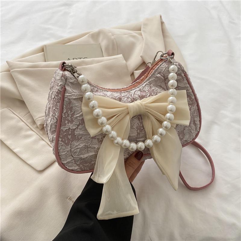 Women's Summer 2026 Trendy Crossbody Bag: Pleated Pearl Handbag with Cute Bow