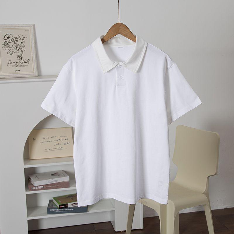 

100% Pure Cotton! Neckline Patchwork Different Colors @ Lapel Polo Short sleeve Loose Cotton Shirts Women T-shirt Top Spring and Summer White JP1