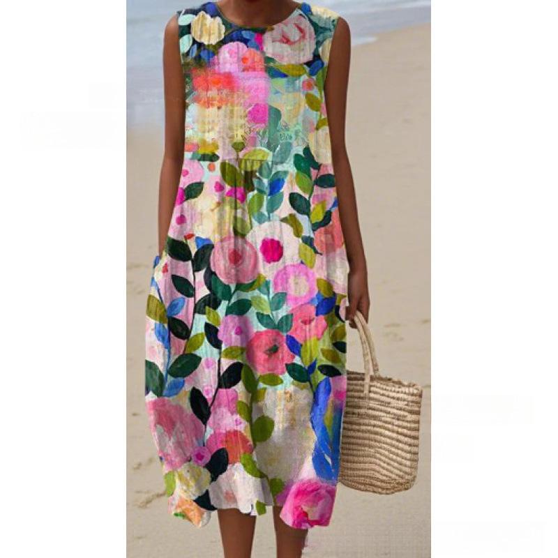European and American New Summer Flower Ocean Printing European Size Round Neck Sleeveless Long Dress Creative Loose Dress