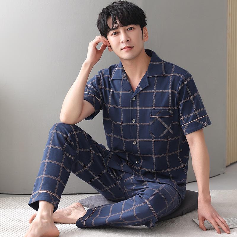 Pajamas Men's Summer Cotton Short Sleeve Trousers Men's Thin Summer Large Size Half Sleeve Men's Summer Loungewear Set