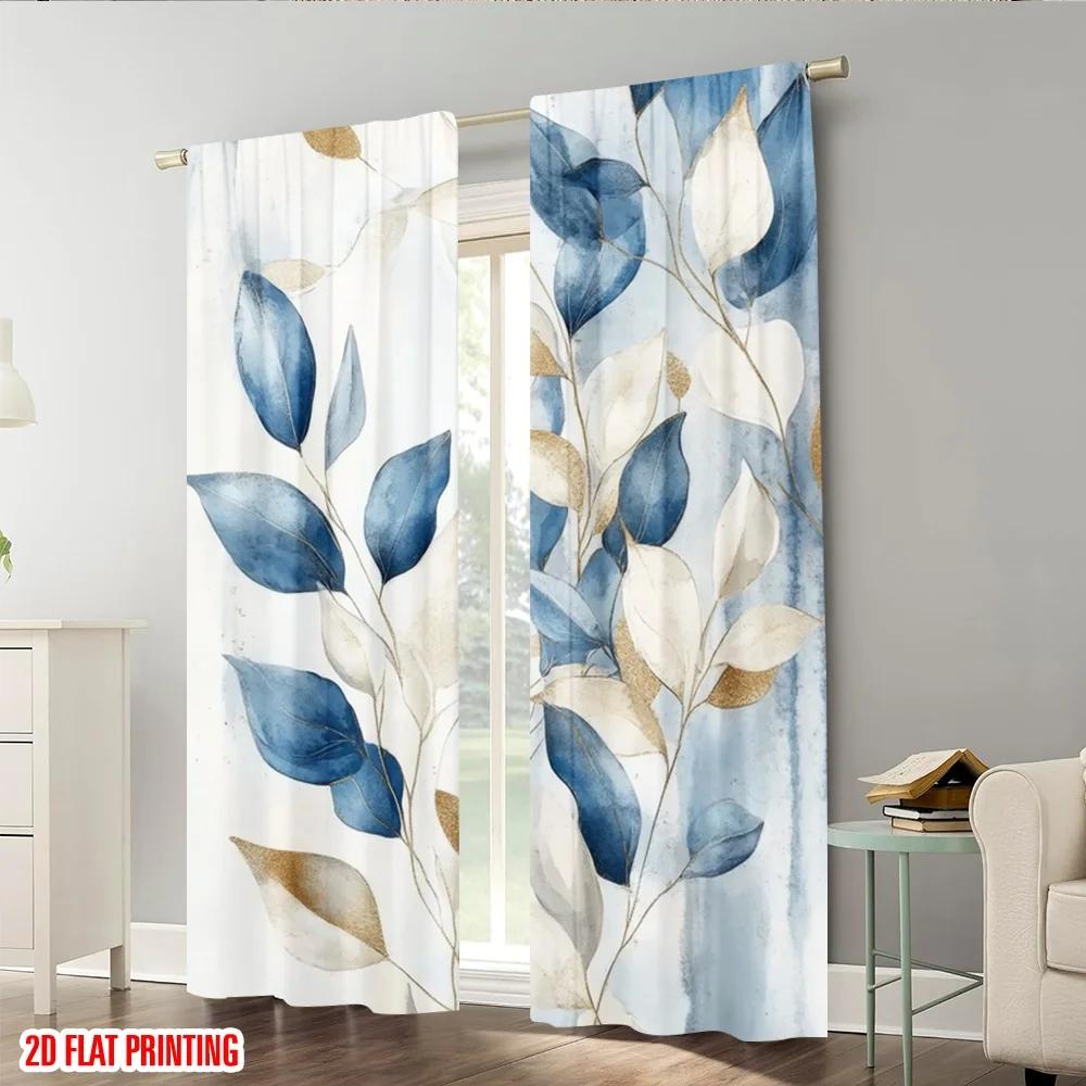 Set Of 2 Plane Printing Window Curtain Blue Serenity Leaves Versatile Polyester Fabric Without Rod All Bedroom Ideal For Sleeping Area