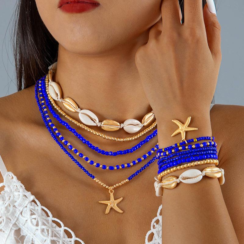 Bohemian Color Rice Bead Braided Rope Necklace Bracelet Set, Beach Wind Starfish Jewelry Twelve-piece Set