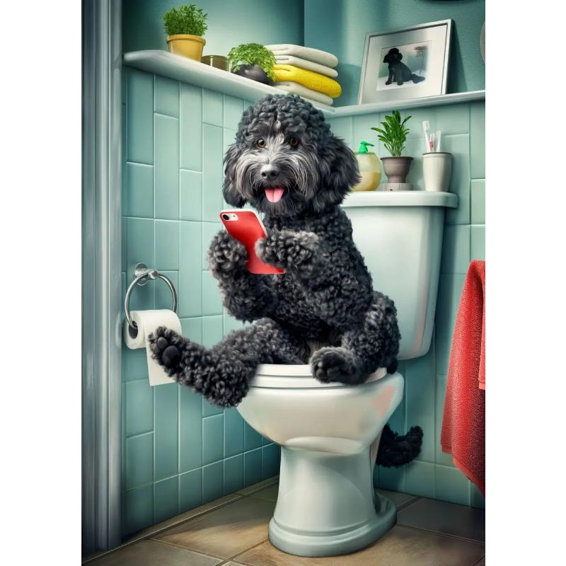 Modern Lion Dog Highland Sitting On Toilet Reading Newspaper Poster Funny Animal Print Canvas Painting Bathroom Decor Picture