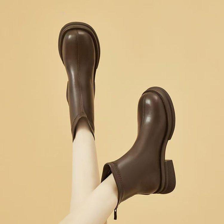 New Women'S British Style Elastic Boots - Rear-Zip Platform Ankle Boots With Anti-Slip Sole, Winter Fashion Booties