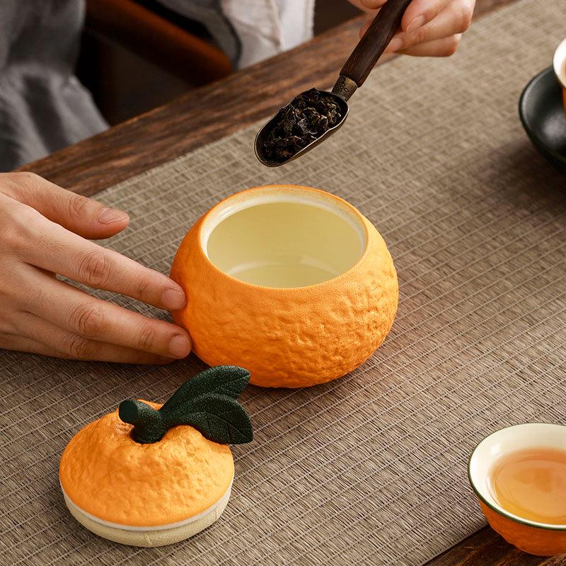 Orange Ceramic Tea Jar - Sealed Pu'er Storage & Moisture-Proof Snack Container