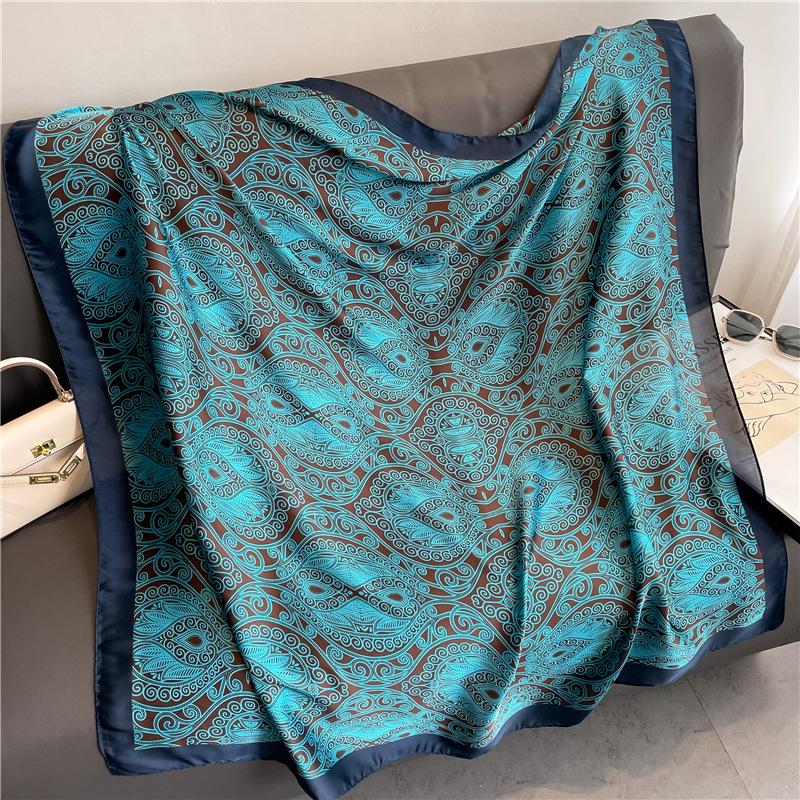 Blue Pattern 111cm Imitation Silk Travel Silk Scarf Dual-purpose Fashion Scarf Scarf Sunscreen Versatile Temperament Shawl