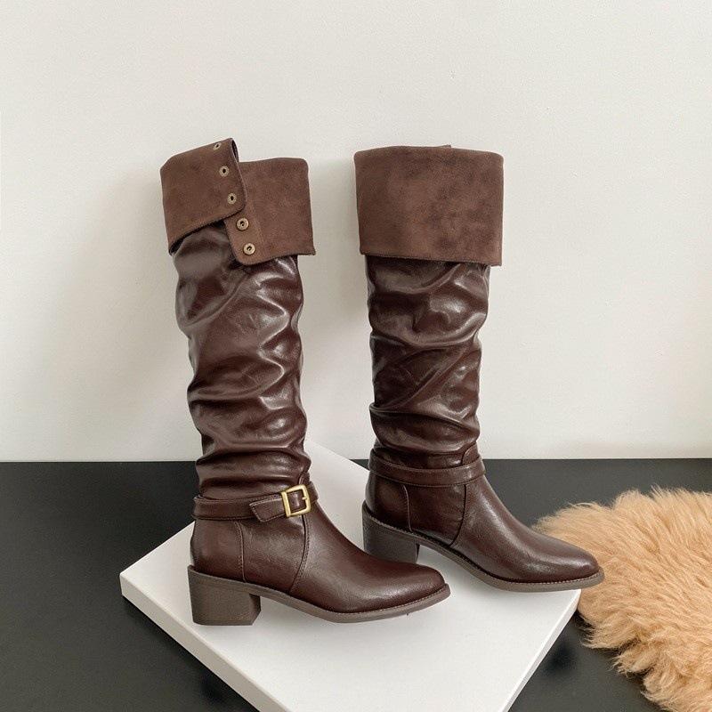 Spitze Gürtelschnalle Ritterstiefel Europäisch und Amerikanisch zwei Tragemöglichkeiten Lange Stiefel Western Cowboy Stiefel Stapelstiefel Damen