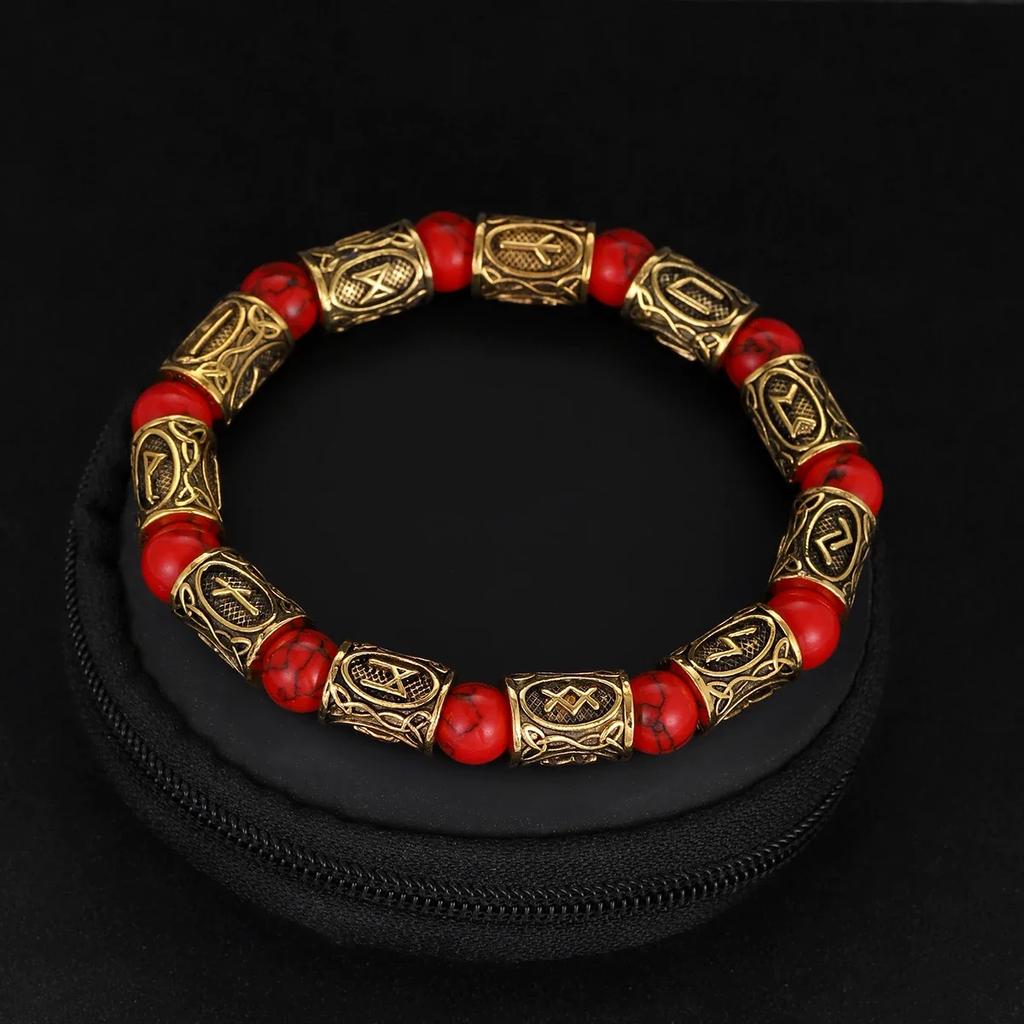 Vikingarunor Malakitarmband 8 mm Naturstenspärlor Rostfritt Stål Guldpläterat Armband för Män Smyckespresent