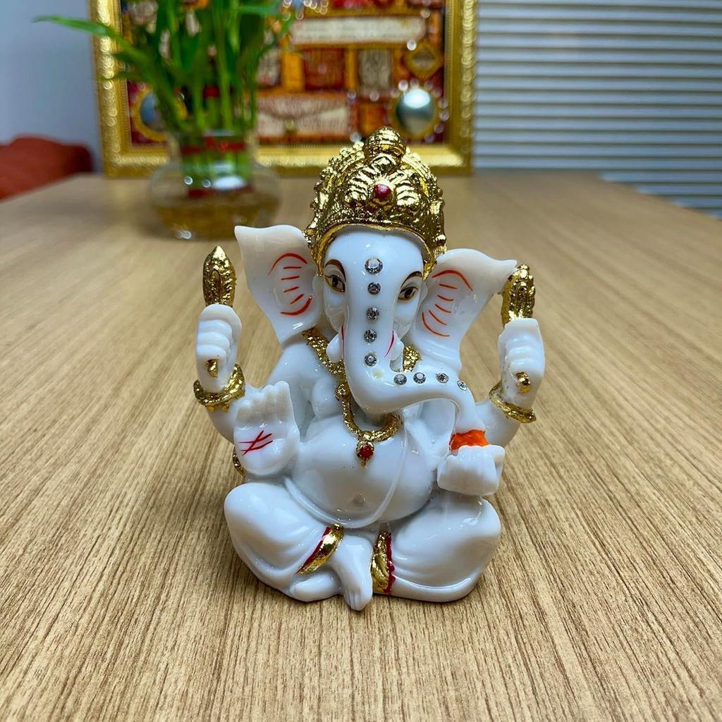 Handmade Marble Dust Lord Ganesha 4.5 Inch for Diwali God Idol Art Figurine for Home Car Dashboard Ganpati Ganesh Murti Temple Pooja Decorative