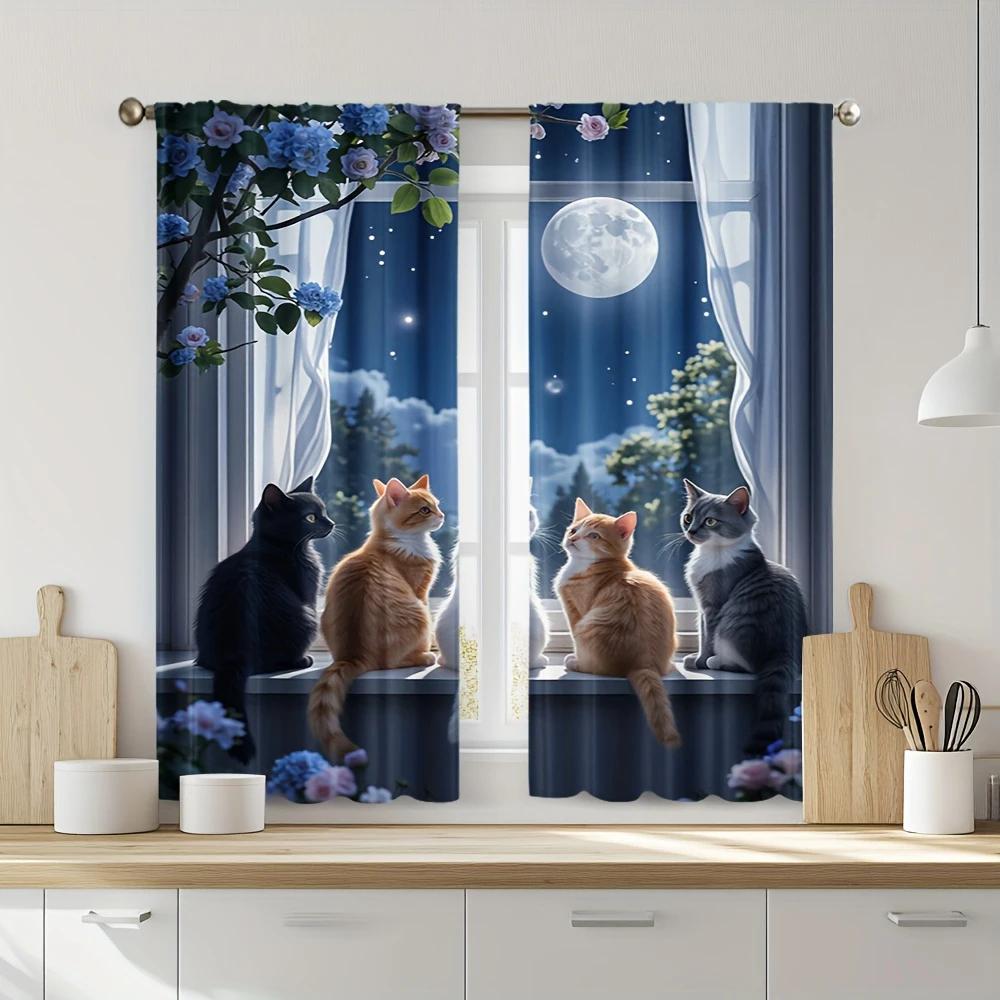 Flat Printed Dreamy Cat Printed Curtains, Pole Bag Curtains, Bedroom and Living Room, Home Decoration, Room Decoration