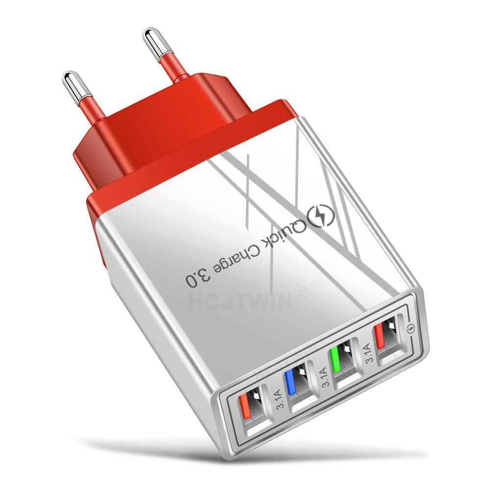 4-Port USB Mobile Charger 3A with LED Light for EU/US Specs, Compatible with Tablets & Phones