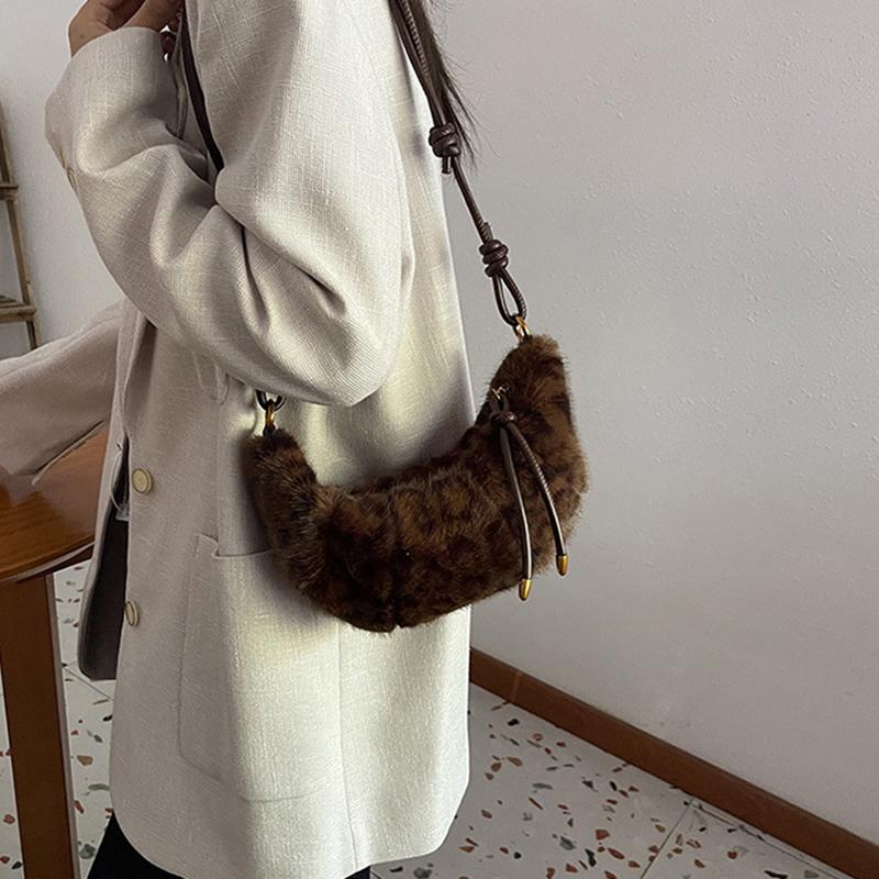 Leopard Print Faux Fur Shoulder Bag Vintage Women Plush Warm  Adjustable Strap Crossbody Bag CLE