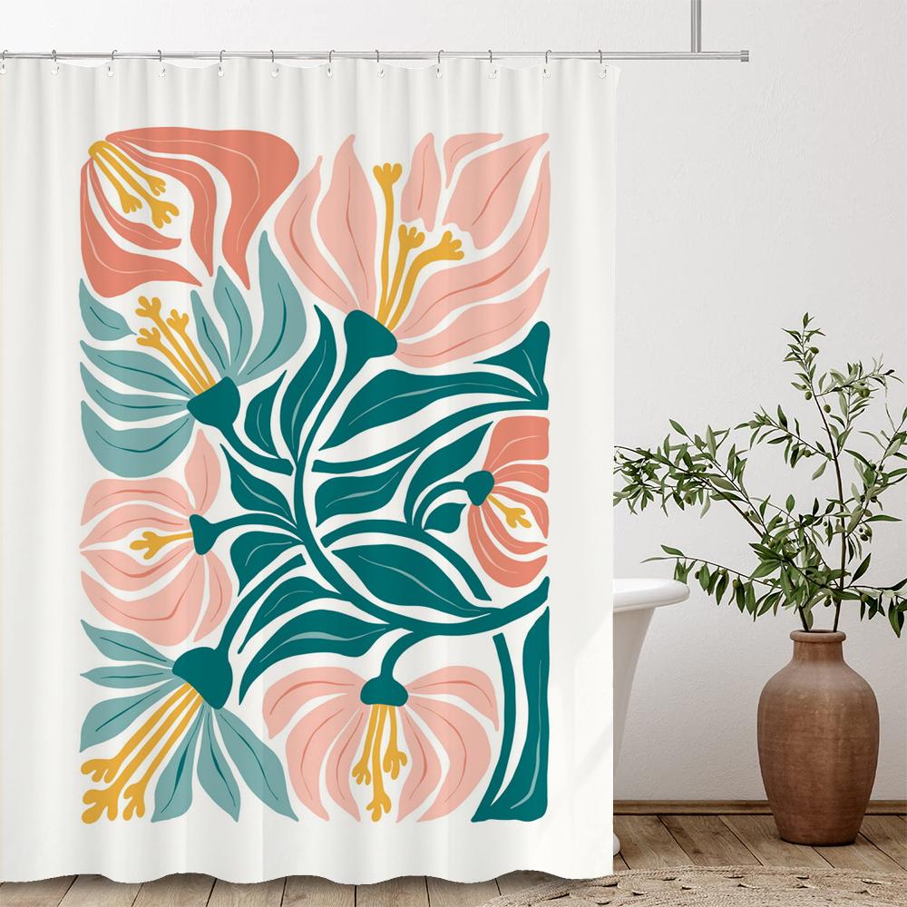 Artistic Abstract Plants and Flowers Print Shower Curtain Polyester Fabric Bath Curtain With Hooks Curtains For Bathroom Decor