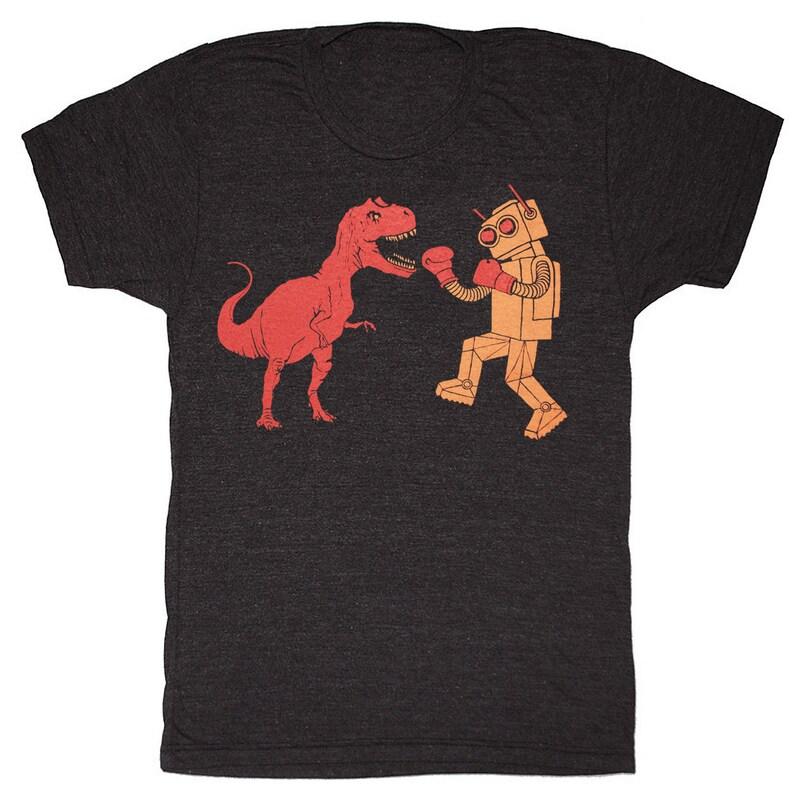 Dinosaur Vs Robot Unisex Men Retro Sci-fi Super Awesome Fun Red Dinosaur Geek Retro Boxing Three Color Black Charcoal T-shirt 3XL