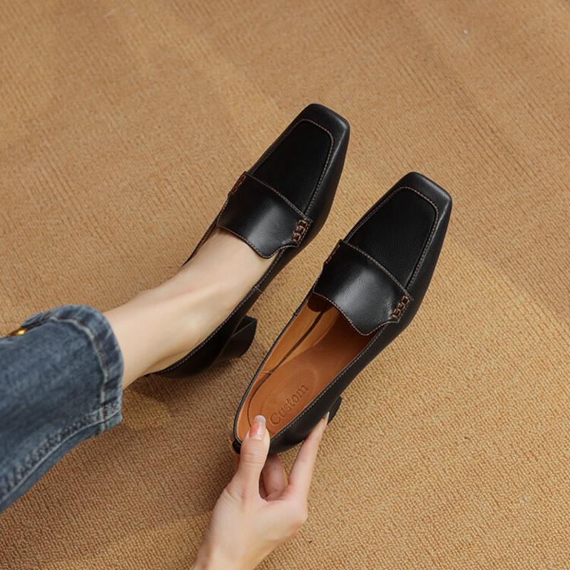 Fashion NEW Spring/Autumn Women Loafers Split Leather Shoes for Women Square Toe Chunky Heel Black Shoes Concise High Heel Women Pumps