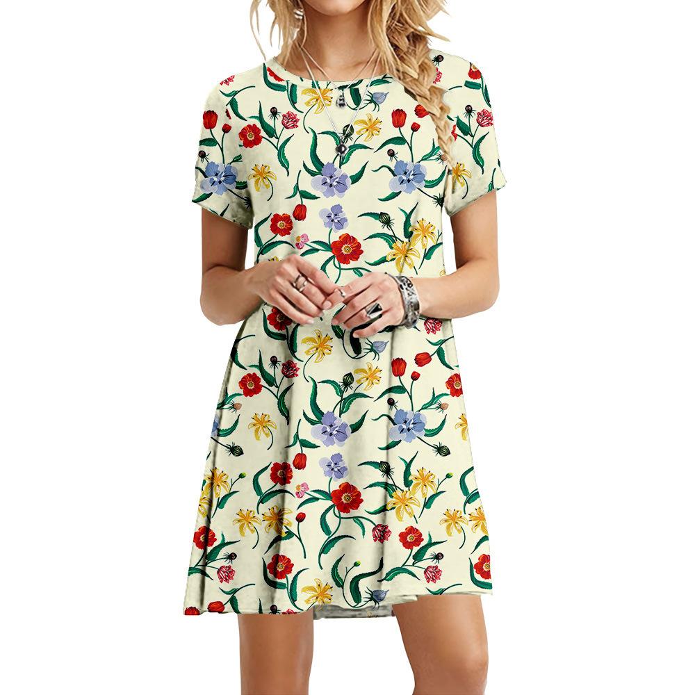 Size S-6XL Floral Print Dress Women Loose Dresses Summer For Short Sleeve Fashion Round Neck Casual Plus Size Dress